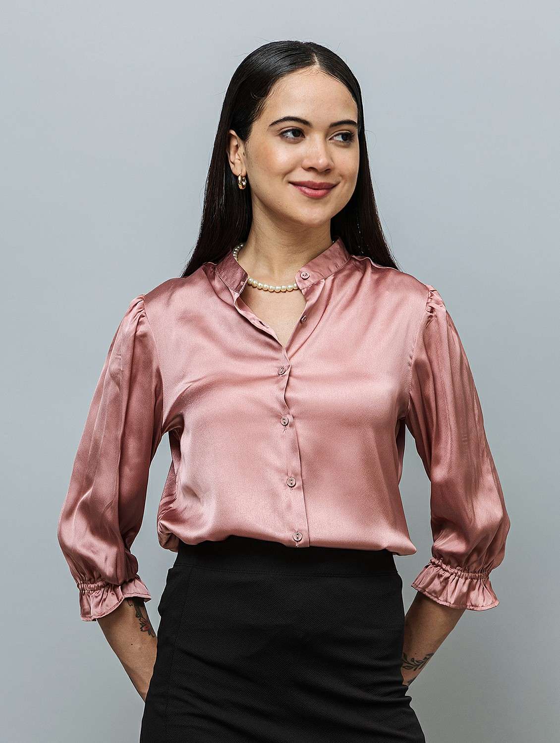 women solid pink satin regular shirt