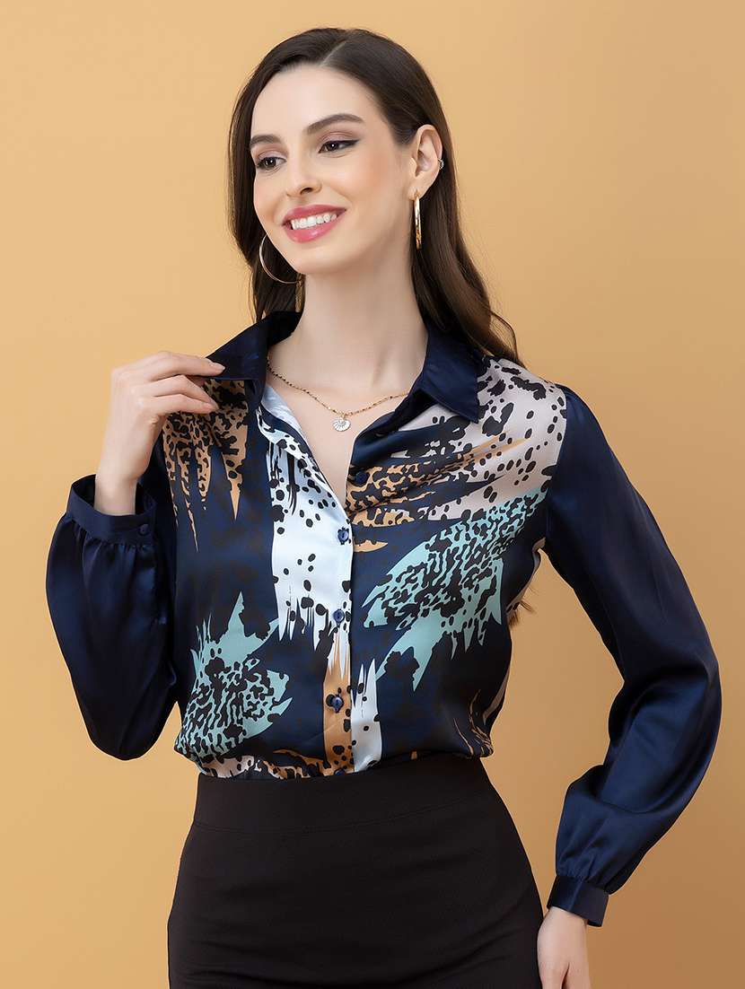 women printed collared long sleeve sheer shirt