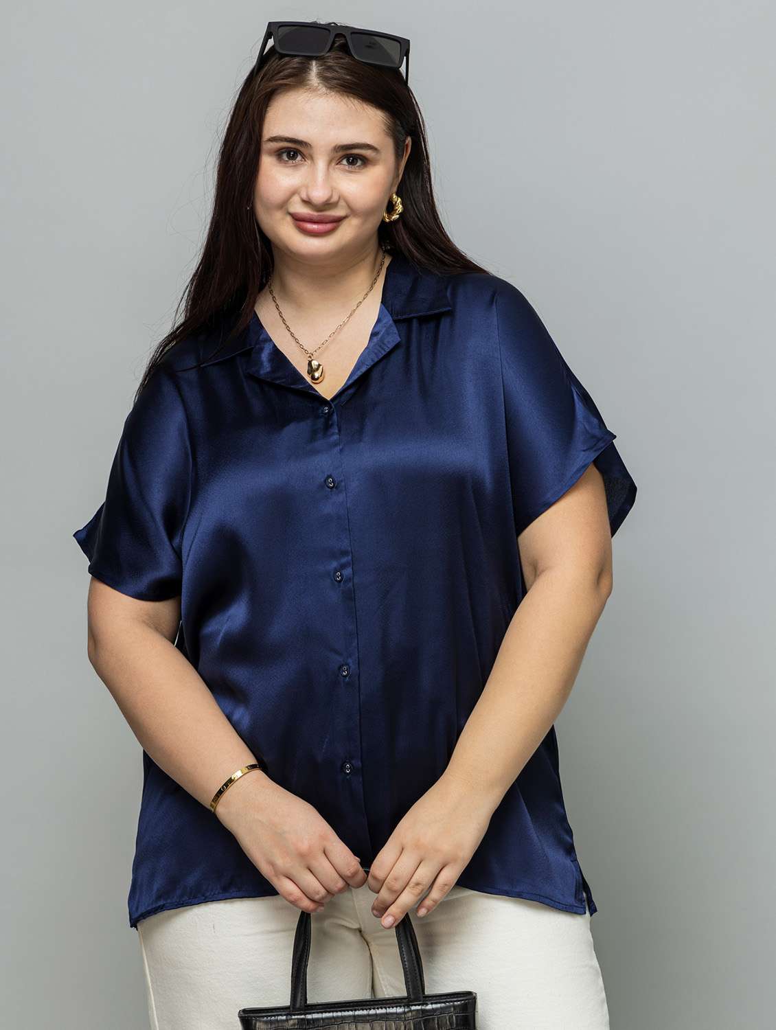 women solid navy blue satin regular shirt