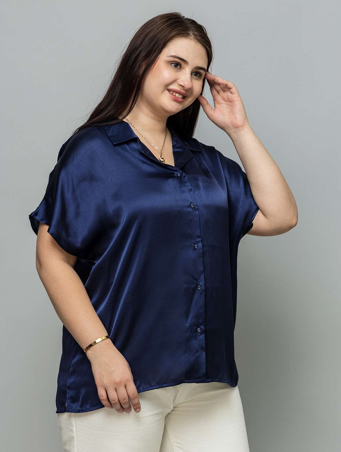 women solid navy blue satin regular shirt - 22443522 -  Standard Image - 3