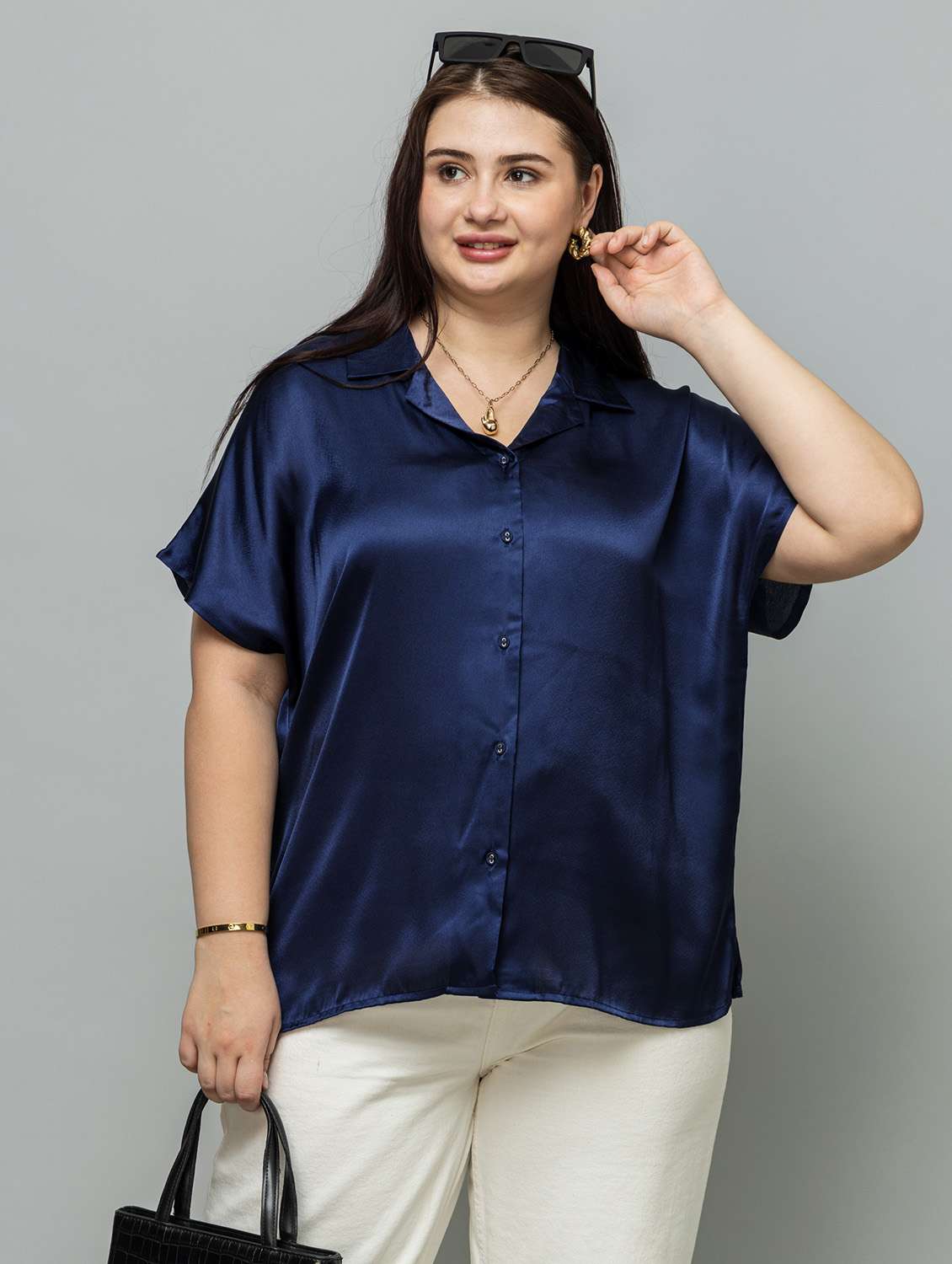 women solid navy blue satin regular shirt - 22443522 -  Standard Image - 5