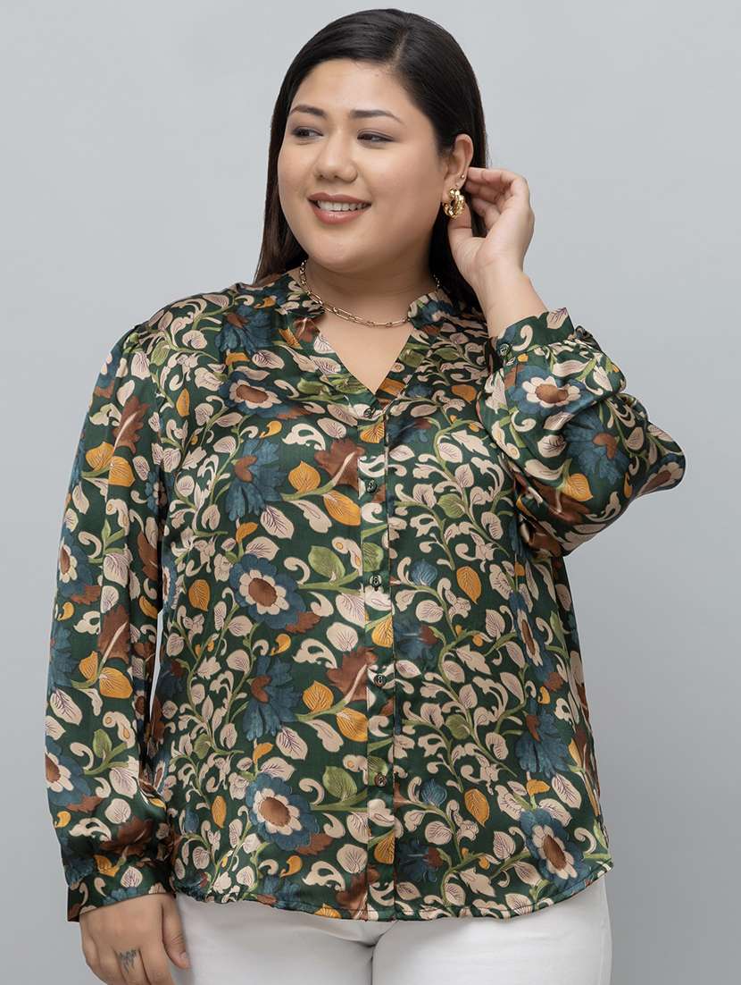 women printed green satin regular shirt