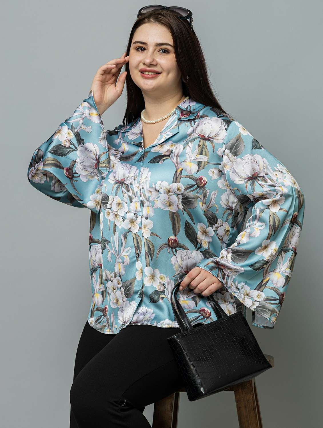  women floral green satin regular shirt