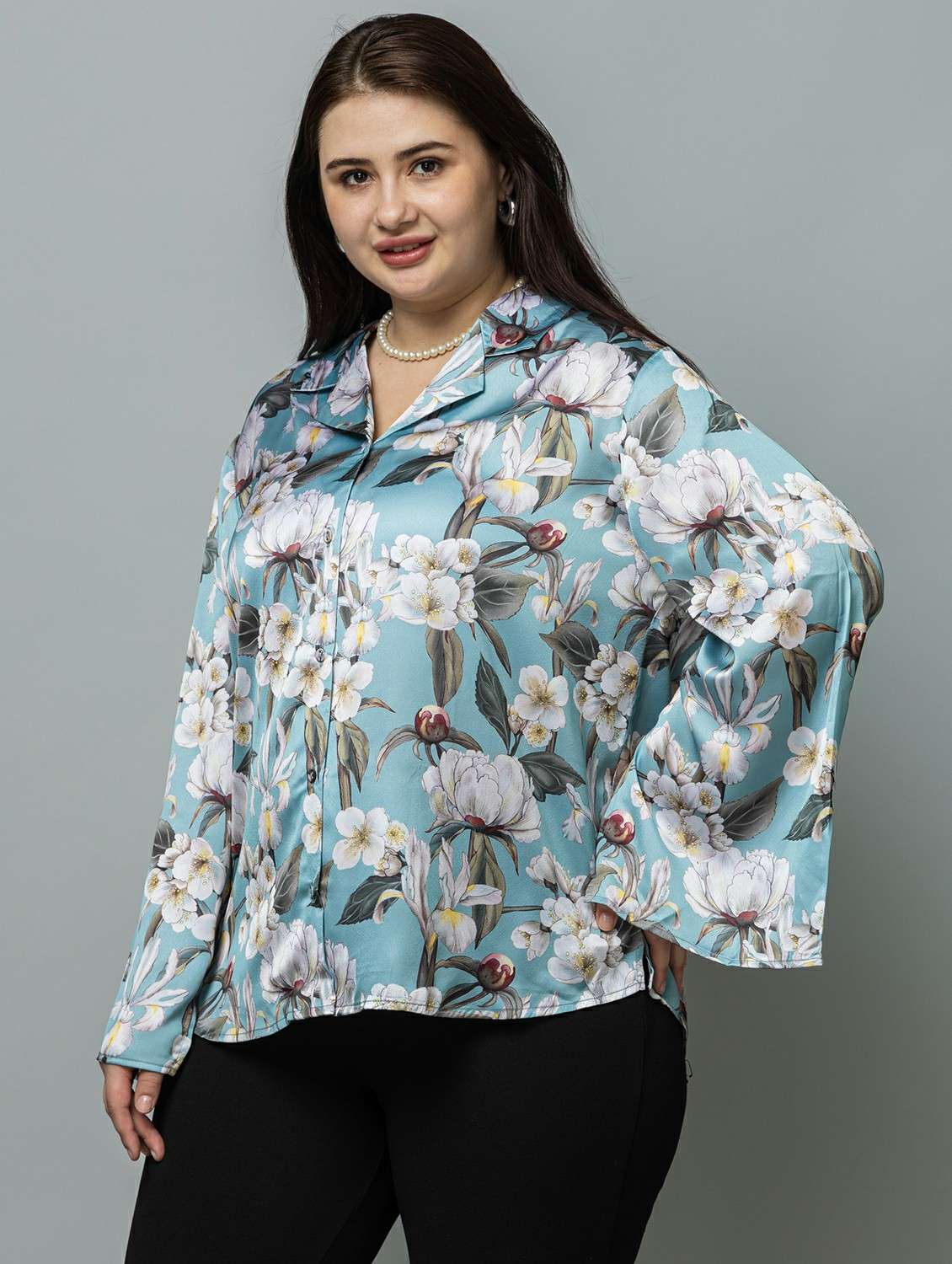  women floral green satin regular shirt - 22443531 -  Standard Image - 3