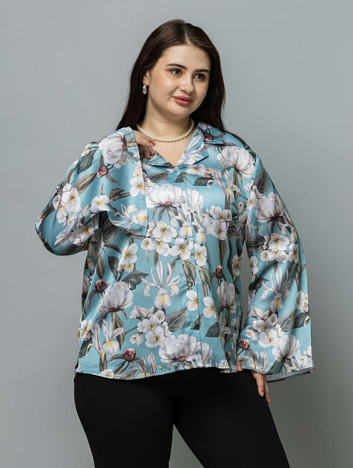  women floral green satin regular shirt - 22443531 -  Standard Image - 5