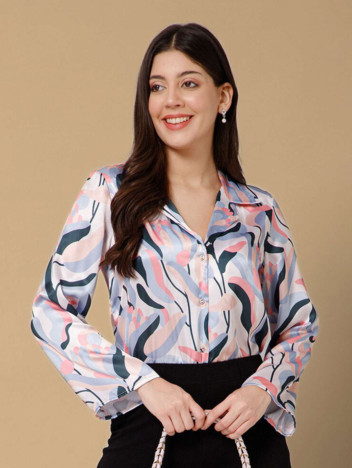 women printed multi colored satin regular shirt