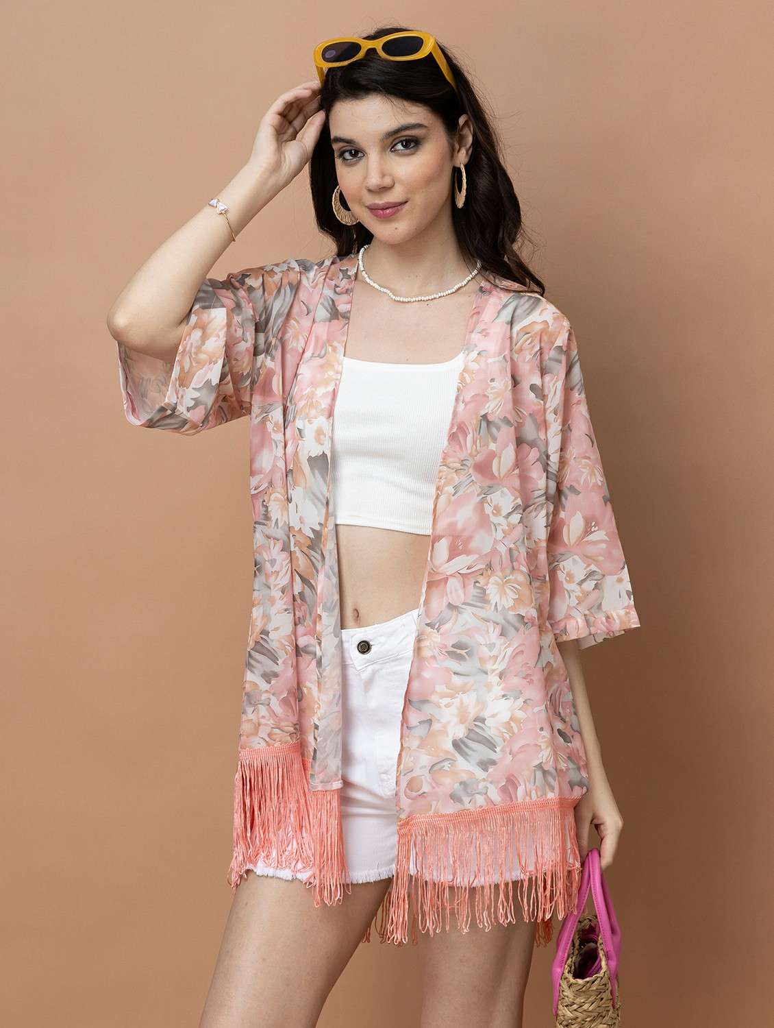 women printed three quarter sleeve sheer shrug