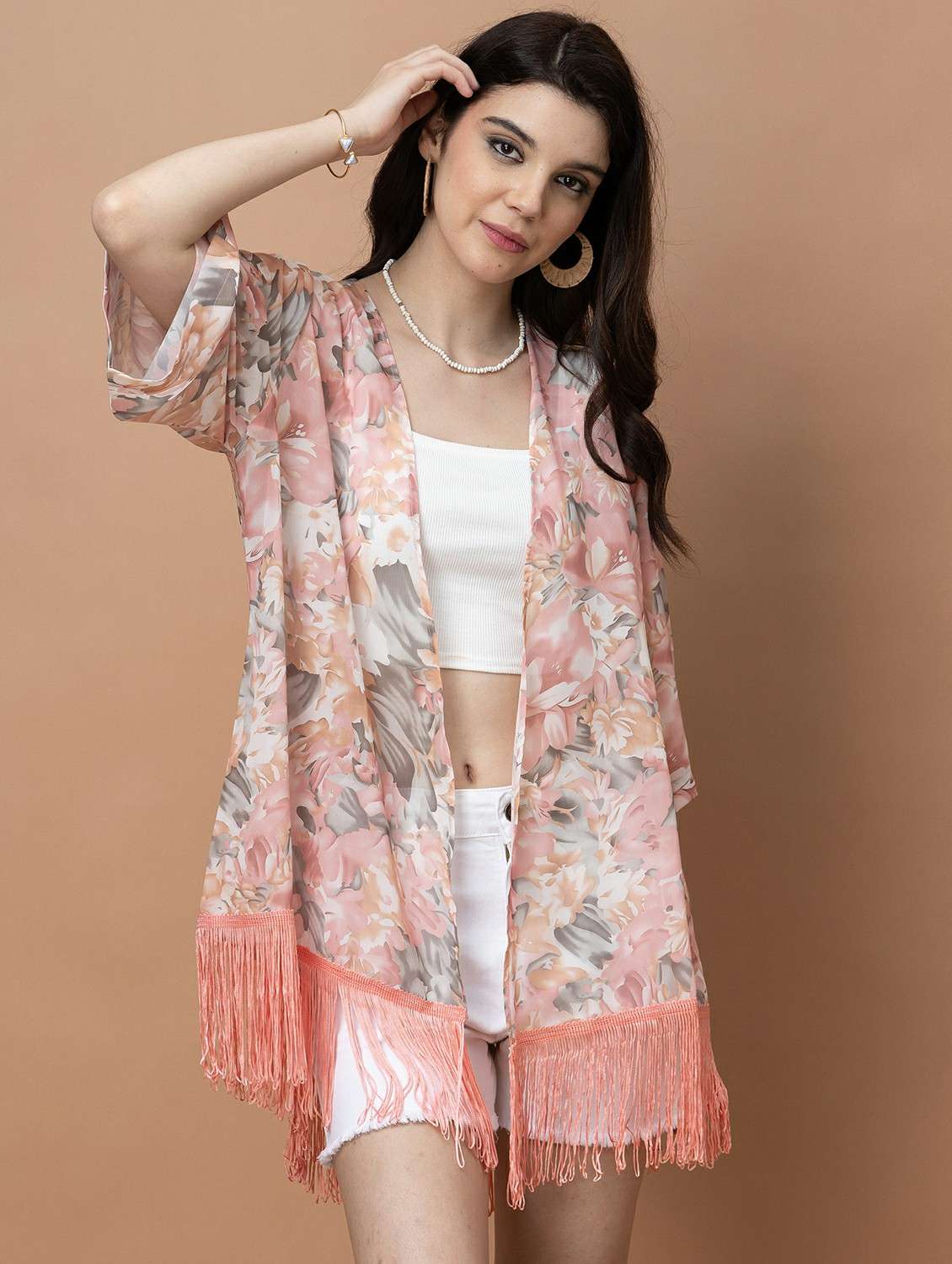 women printed three quarter sleeve sheer shrug - 22443540 -  Standard Image - 3