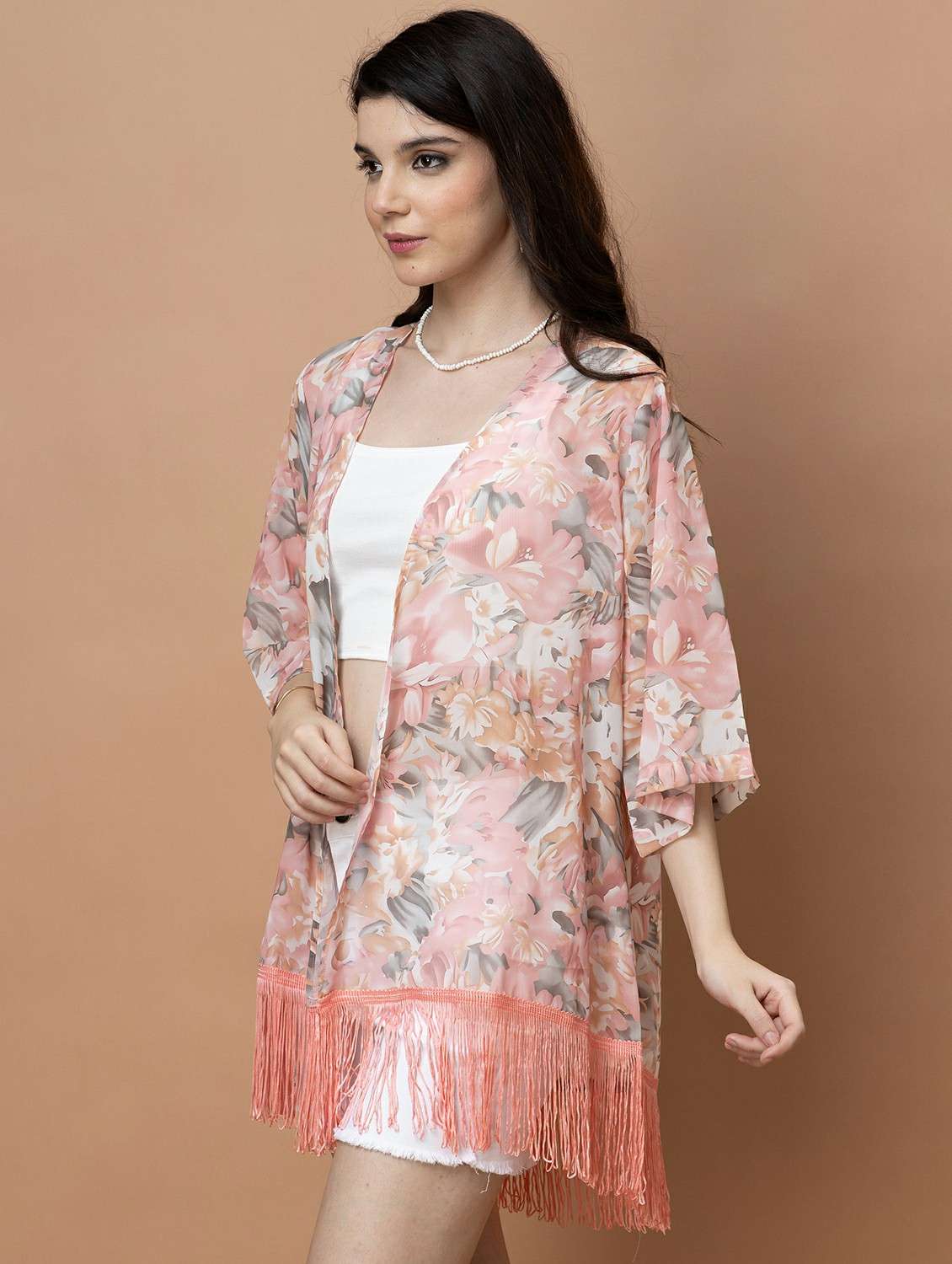 women printed three quarter sleeve sheer shrug - 22443540 -  Standard Image - 5