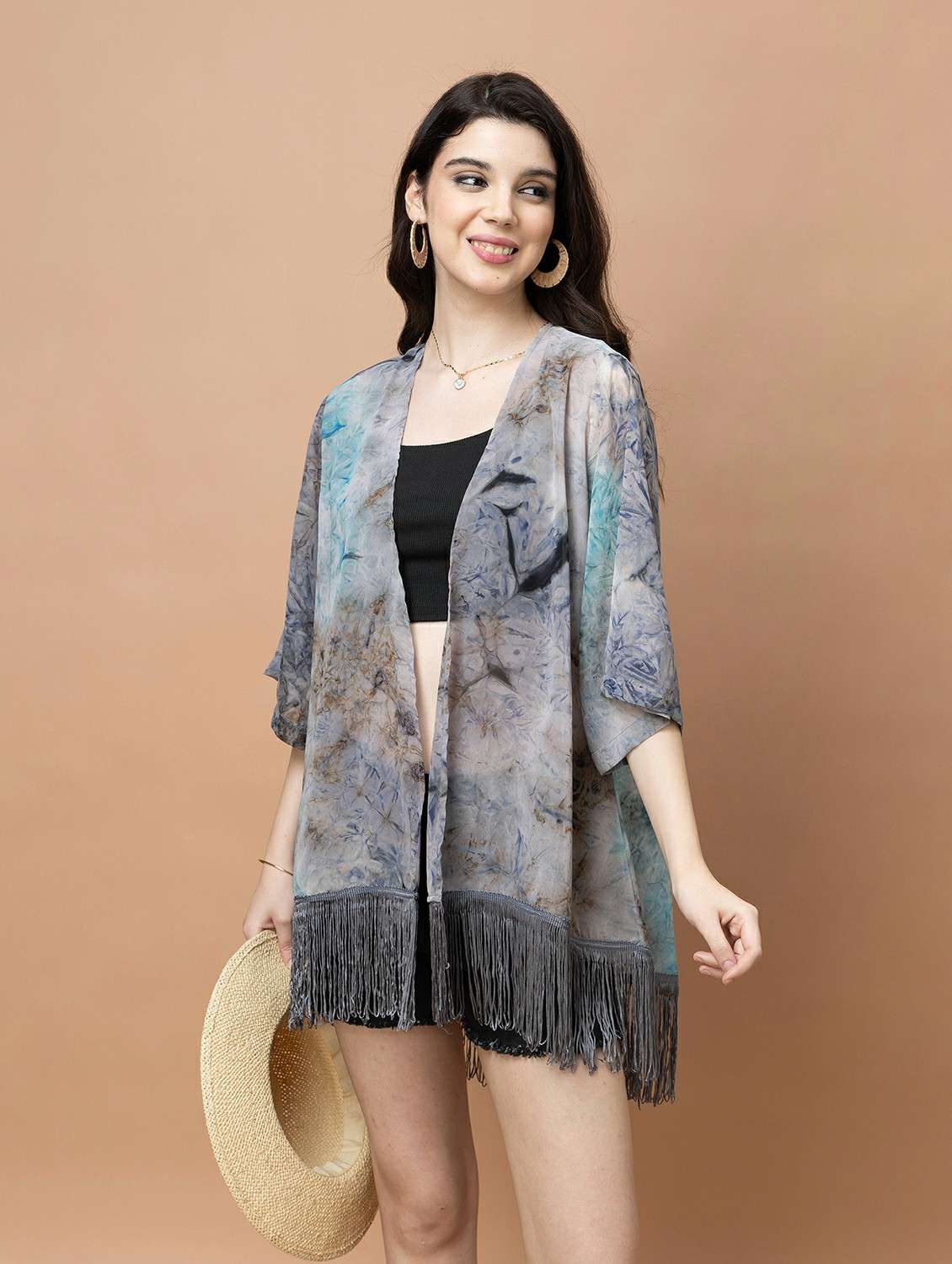 women printed three quarter sleeve shrug