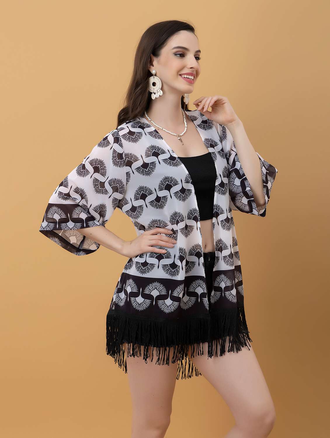 Women Printed Three Quarter Sleeve Shrug - 22443548 -  Standard Image - 3