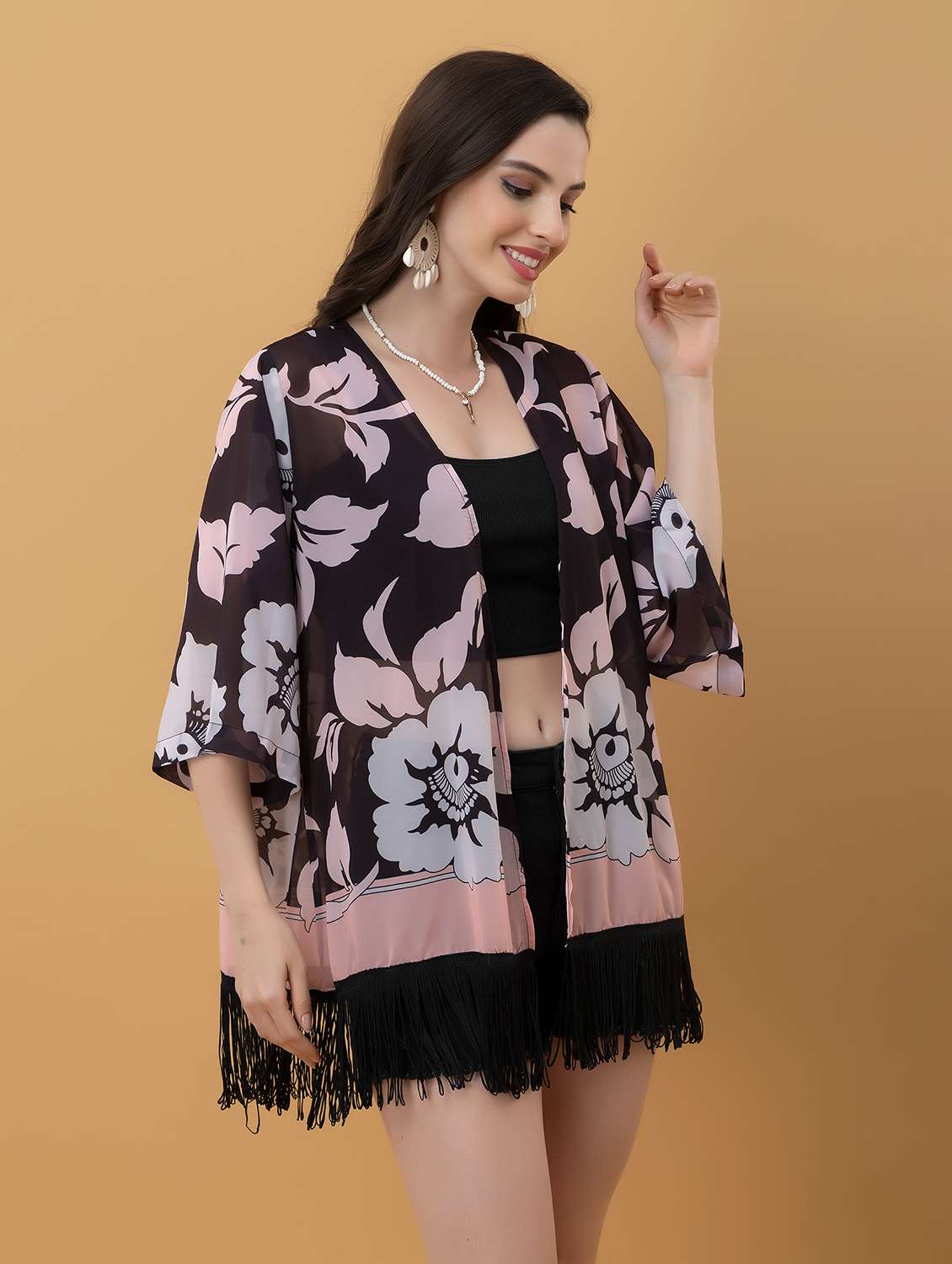women printed three quarter sleeve shrug - 22443549 -  Standard Image - 3