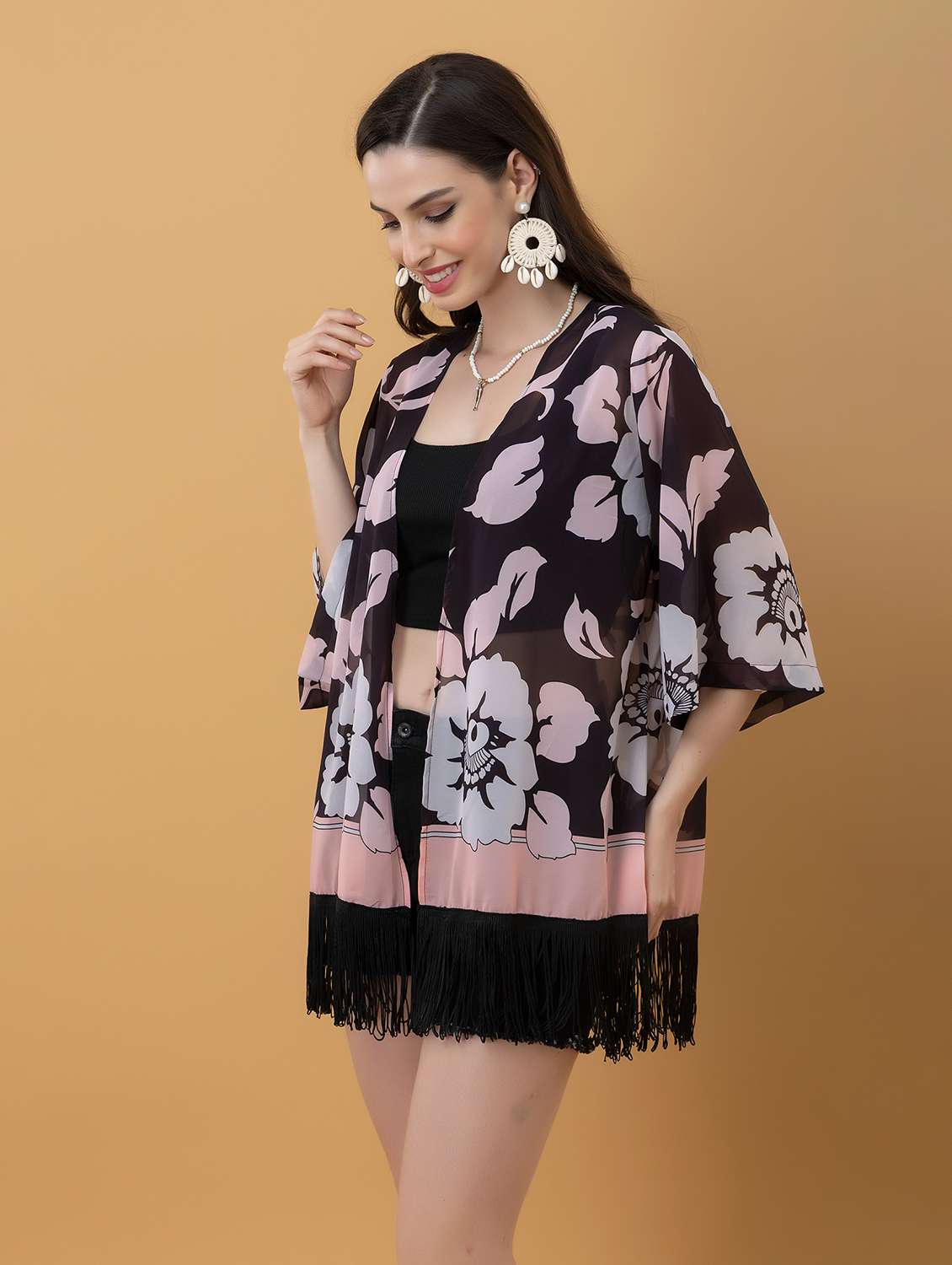 women printed three quarter sleeve shrug - 22443549 -  Standard Image - 5