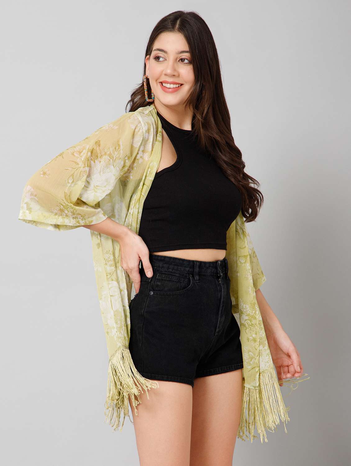 women printed three quarter sleeve sheer shrug - 22443555 -  Standard Image - 3