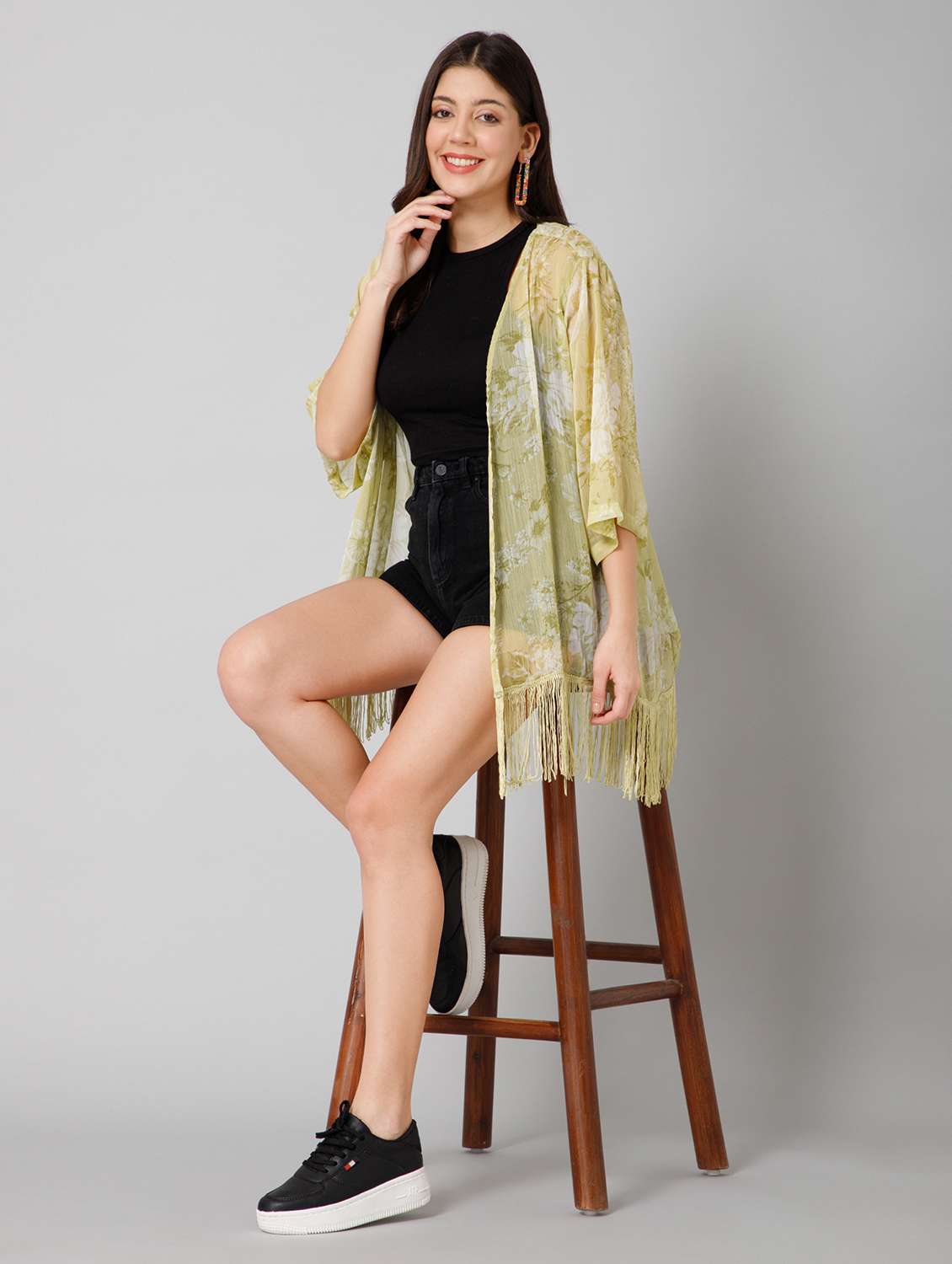 women printed three quarter sleeve sheer shrug - 22443555 -  Standard Image - 5