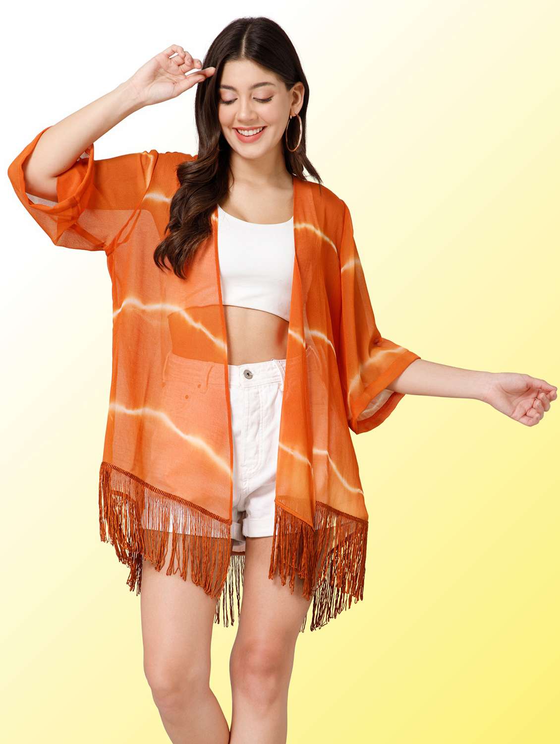 women printed three quarter sleeve sheer shrug