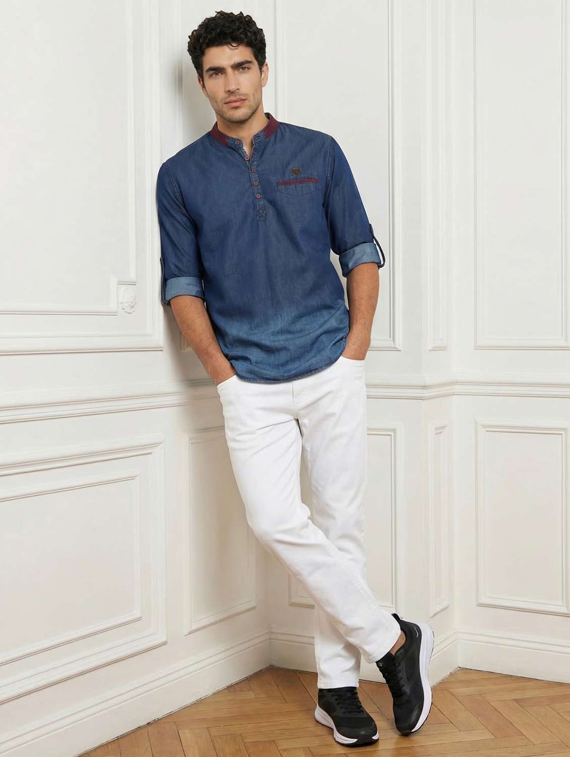 men ombre mandarin neck short kurta - 22443558 -  Standard Image - 5