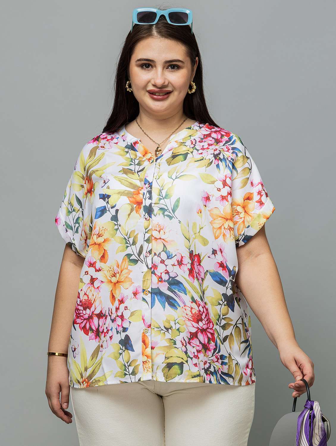 women floral off white rayon regular top