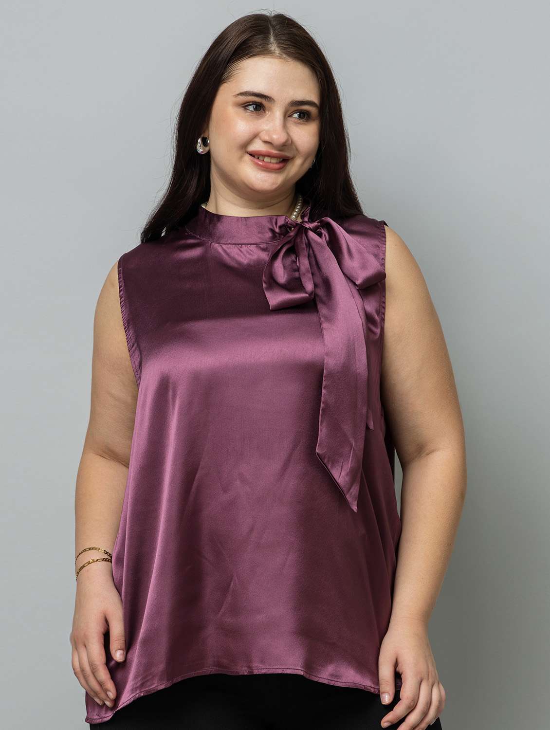 women solid purple satin regular top