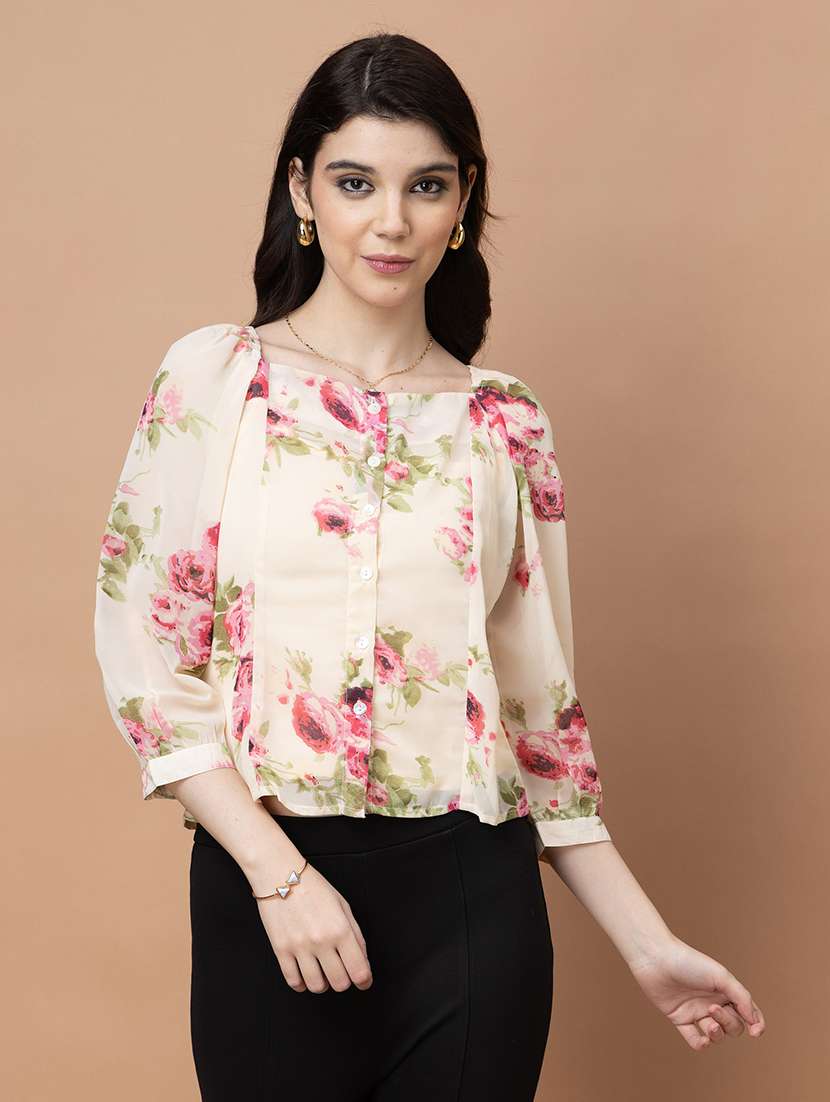 women printed three quarter sleeve regular top