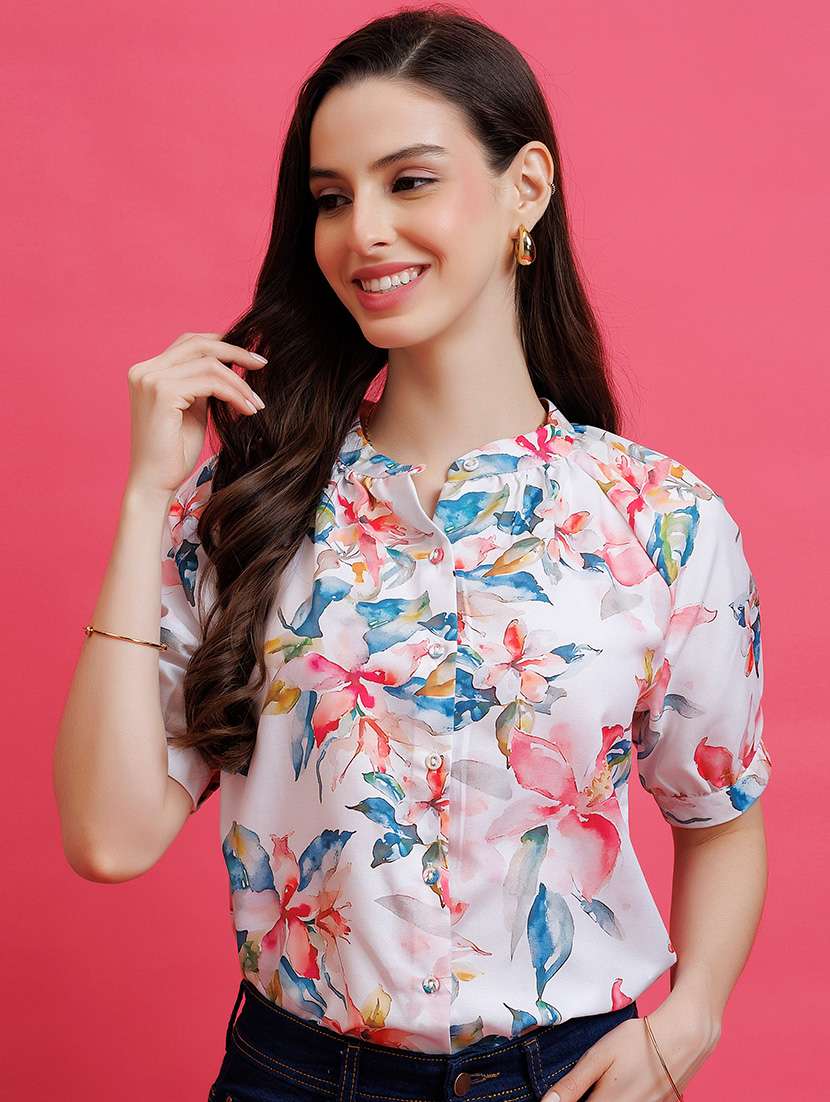 women floral pink rayon regular top