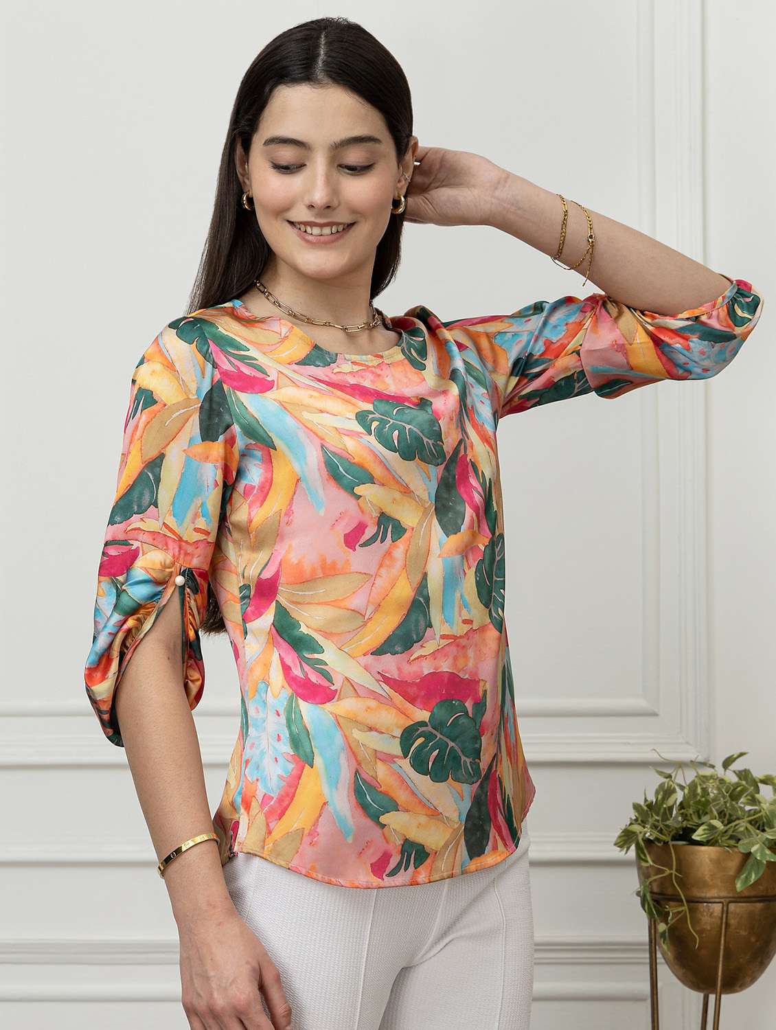 women floral pink satin regular top - 22443625 -  Standard Image - 3