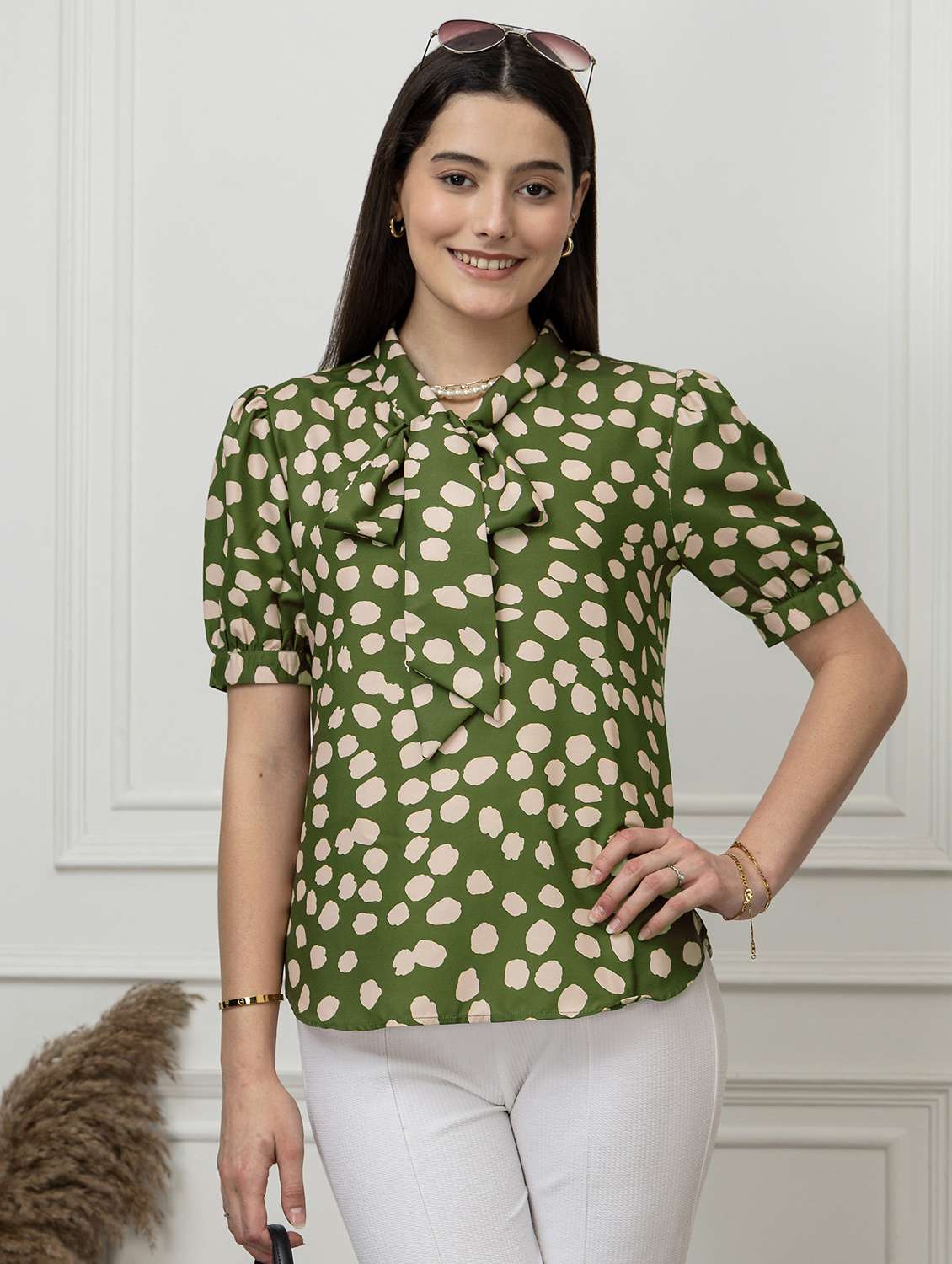 women polka dots green rayon regular top