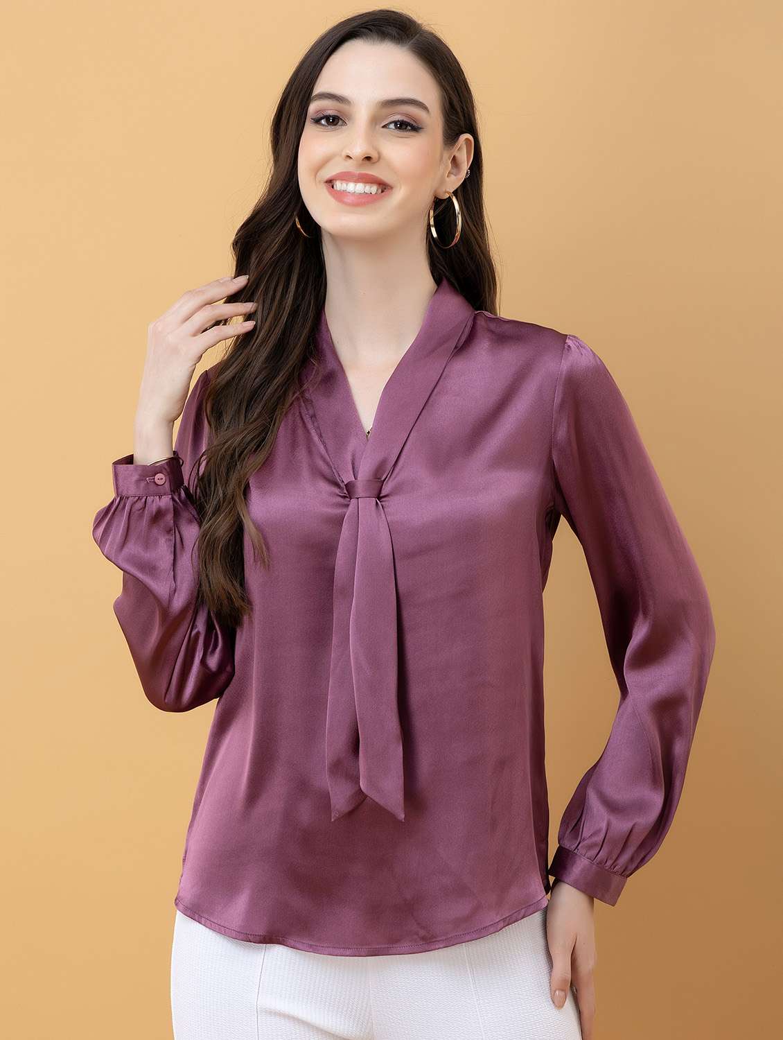 women solid purple satin regular top