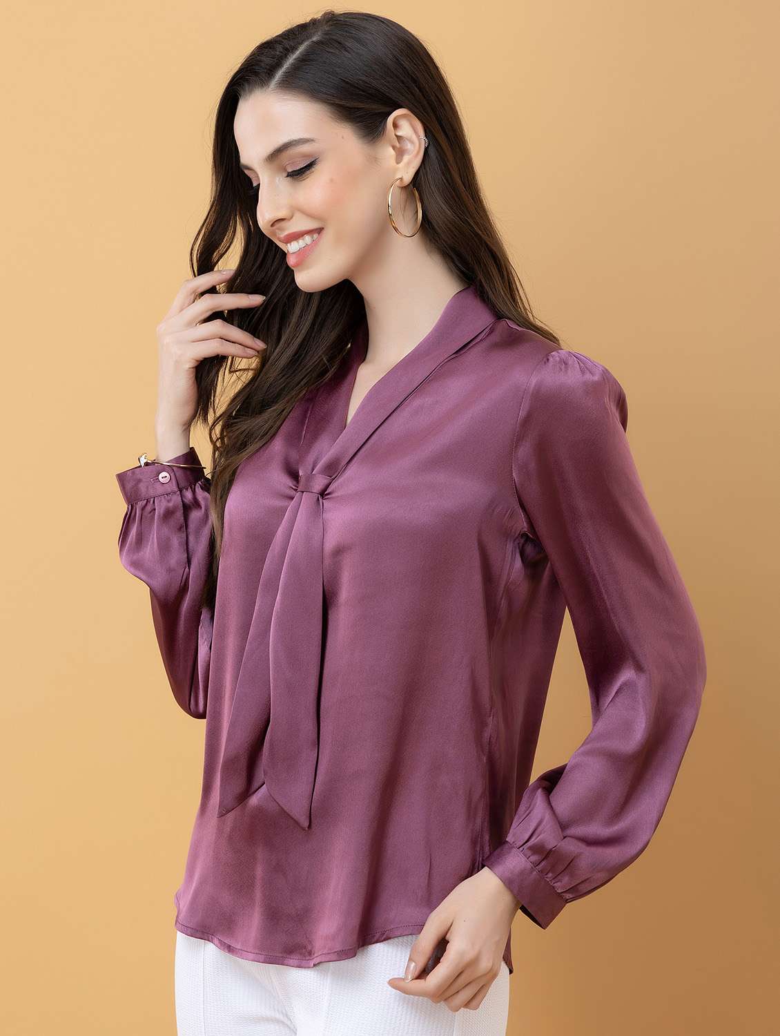 Women Solid Purple Satin Regular Top - 22443653 -  Standard Image - 3