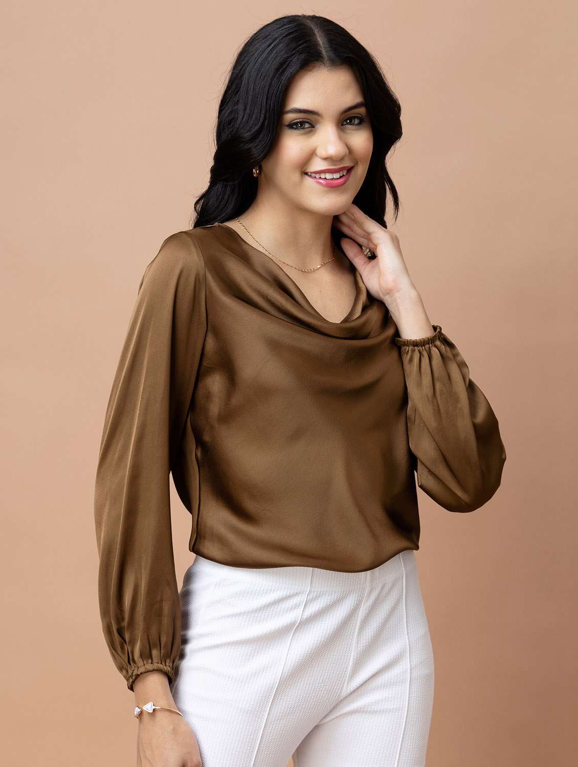 women solid brown satin regular top - 22443660 -  Standard Image - 3