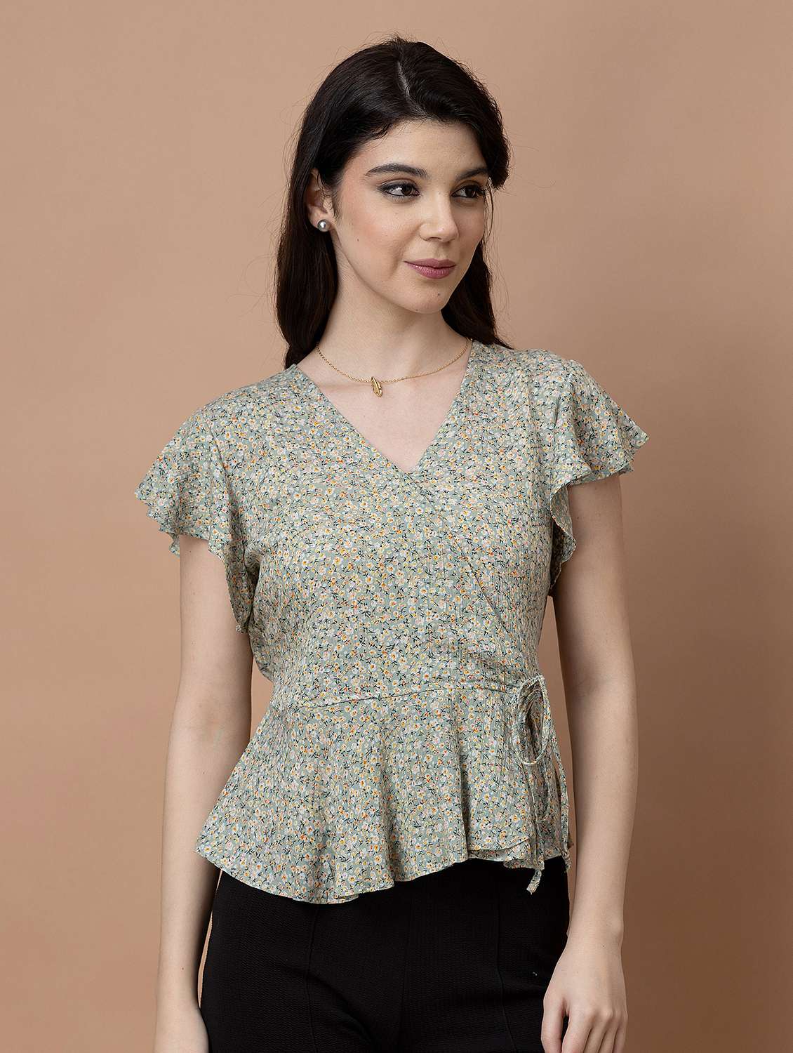 women printed short sleeve wrap top - 22443681 -  Standard Image - 3