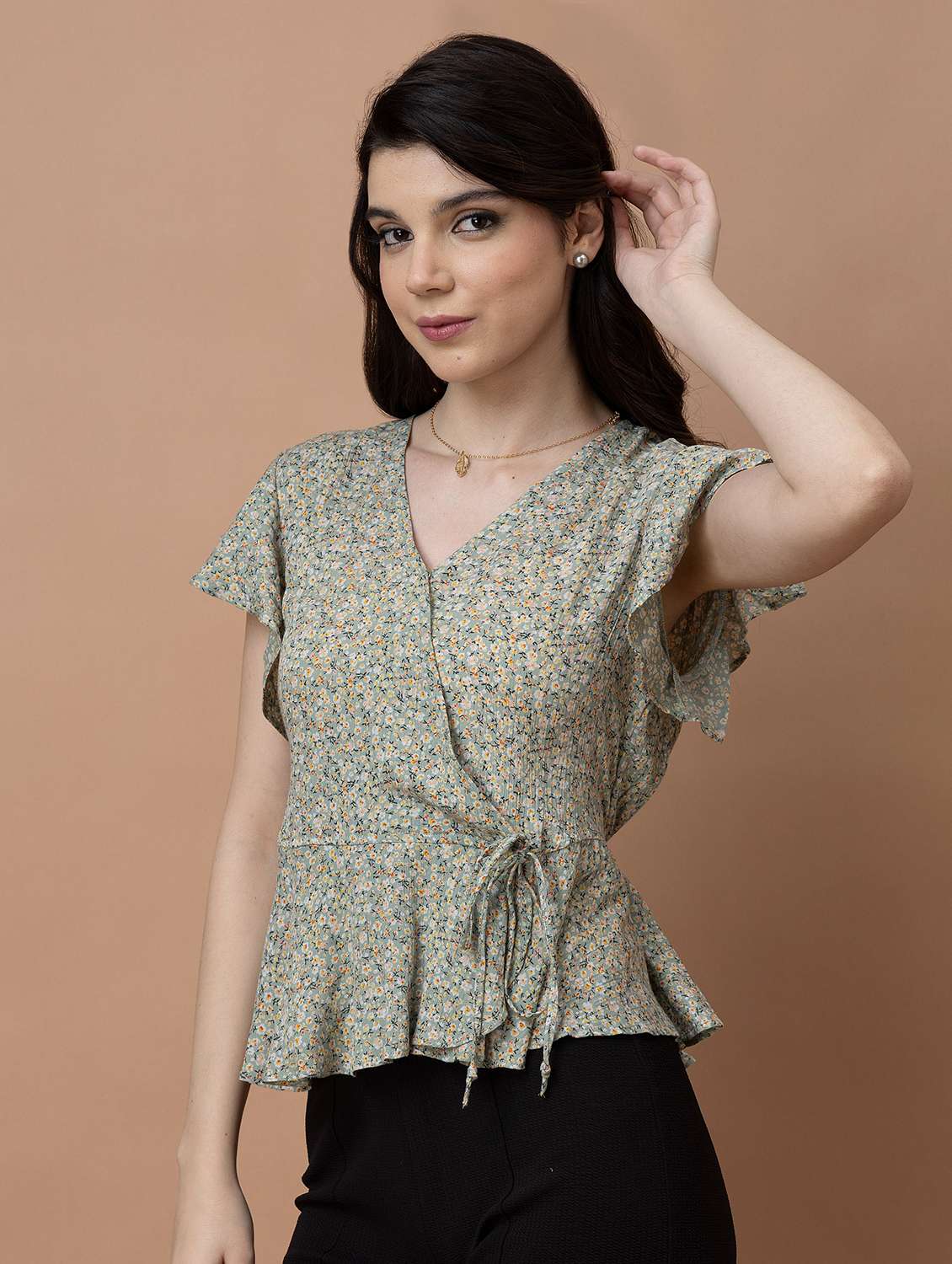 women printed short sleeve wrap top - 22443681 -  Standard Image - 5