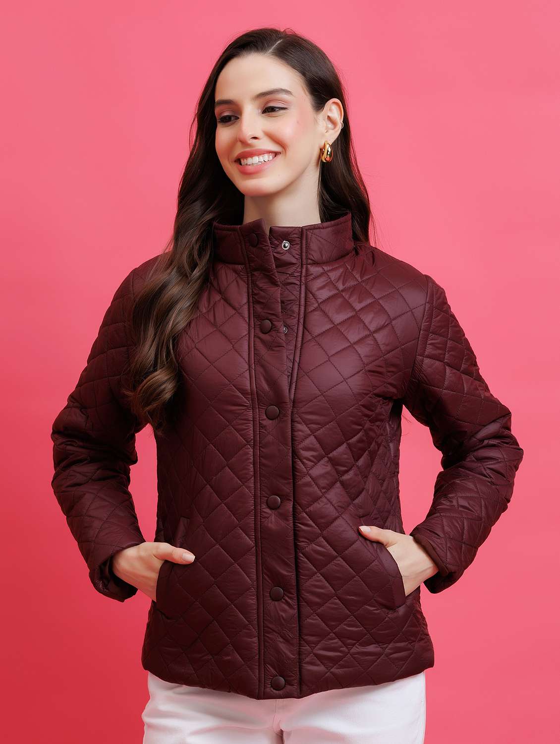 women solid nylon stand collar regular jacket
