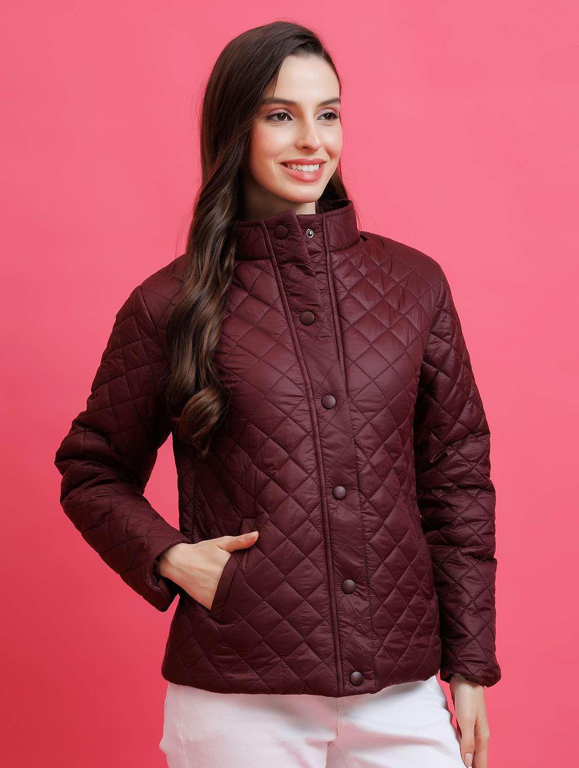 women solid nylon stand collar regular jacket - 22443700 -  Standard Image - 3