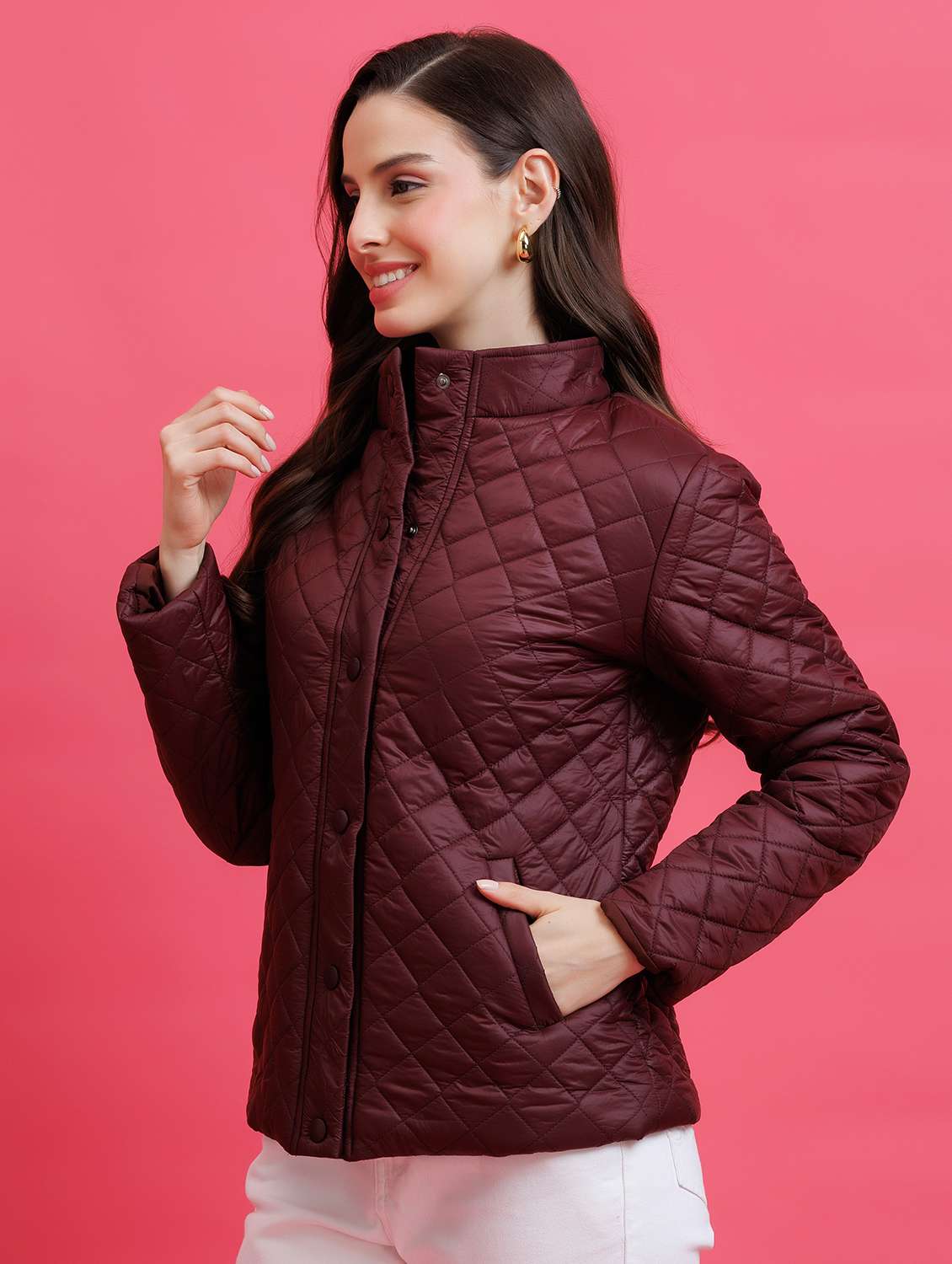 women solid nylon stand collar regular jacket - 22443700 -  Standard Image - 5
