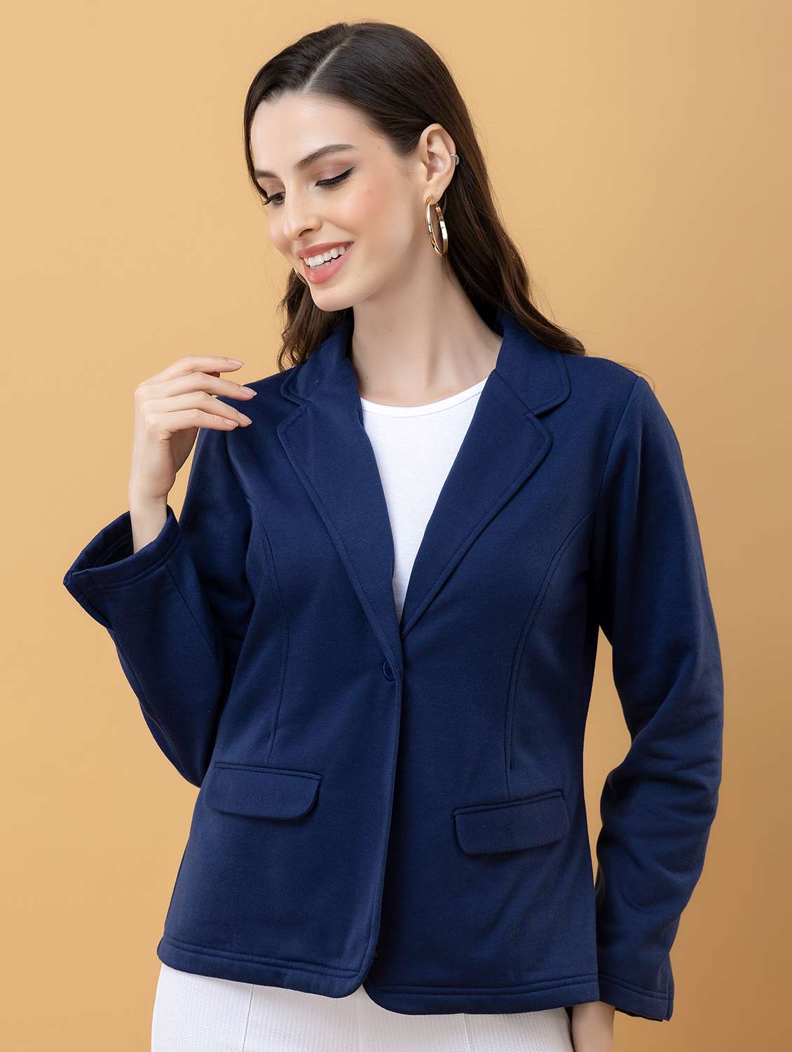 women solid navy blue fleece regular jacket
