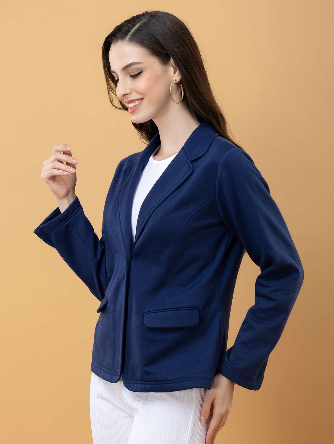 women solid navy blue fleece regular jacket - 22443702 -  Standard Image - 5