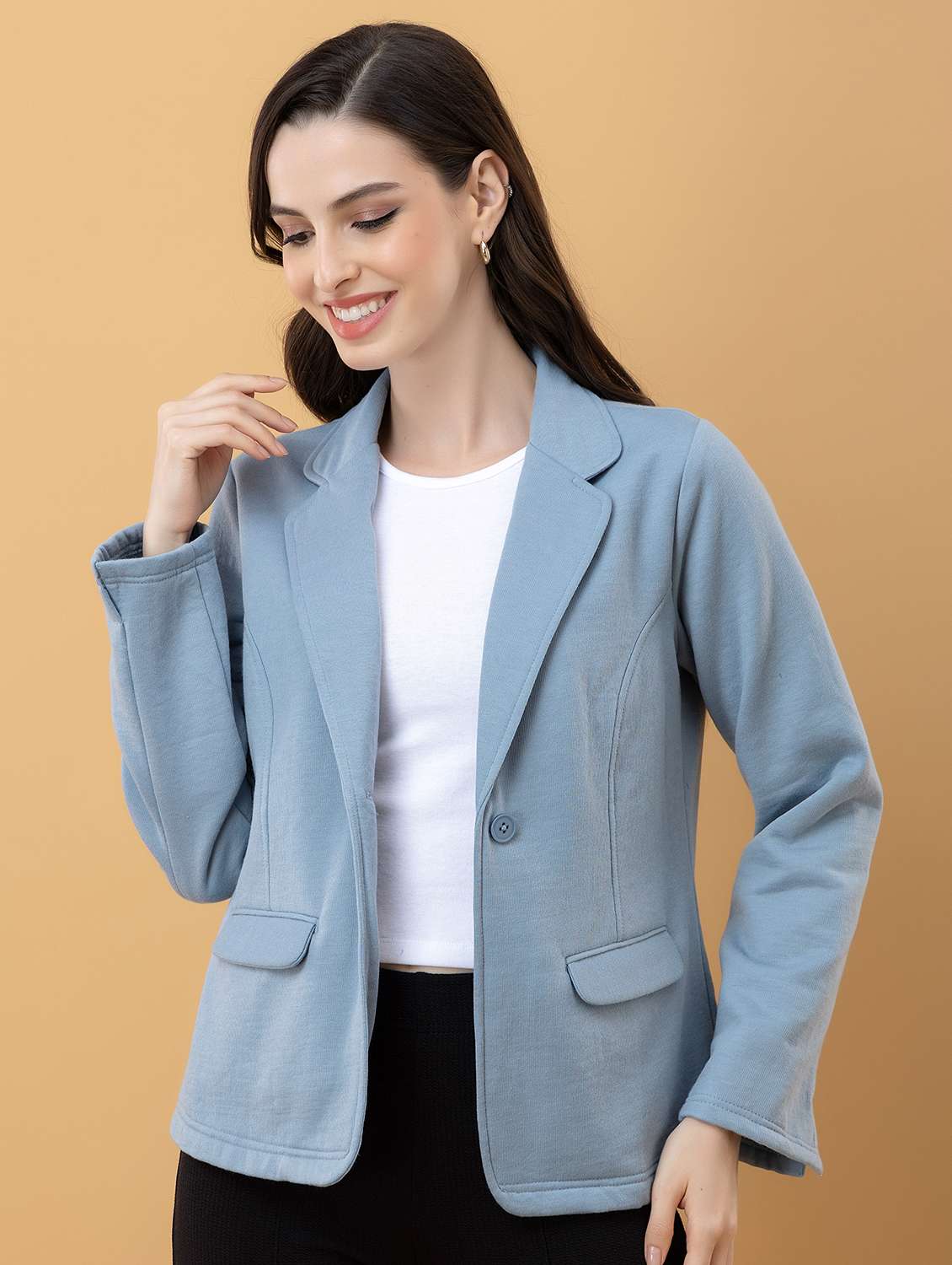 women blue fleece regular jacket