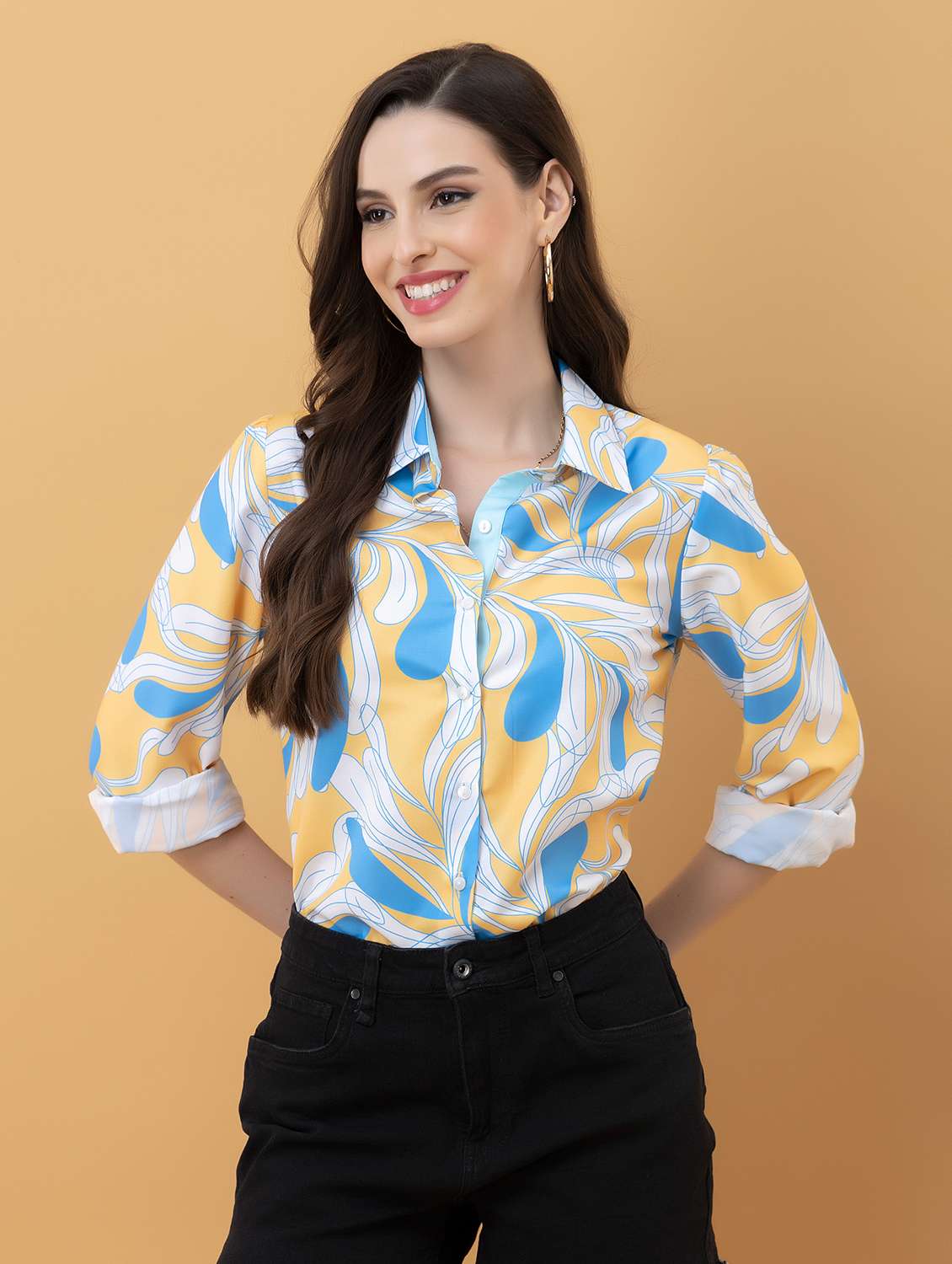 women abstract yellow rayon regular shirt