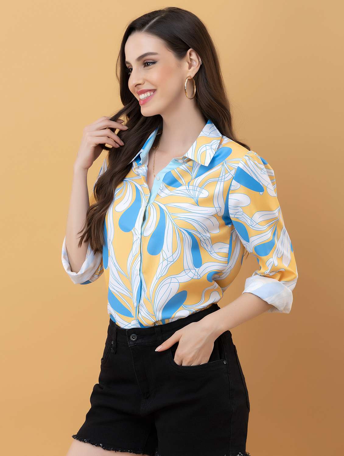 women abstract yellow rayon regular shirt - 22443705 -  Standard Image - 3
