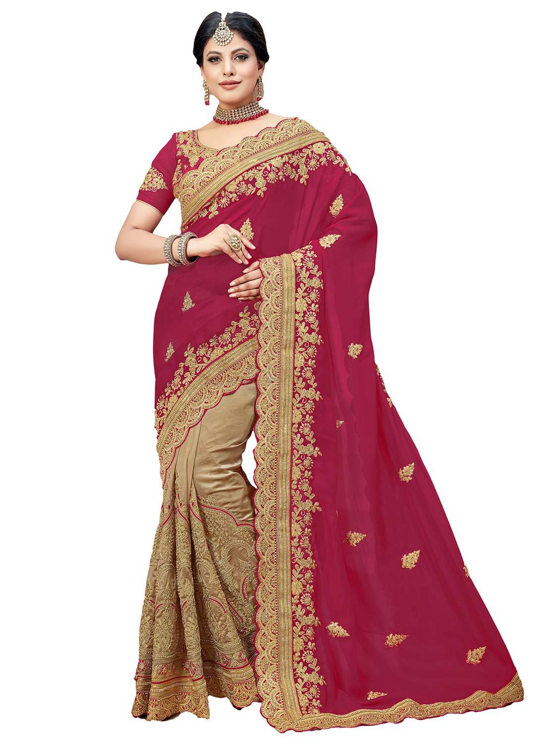 women solid with work half & half saree