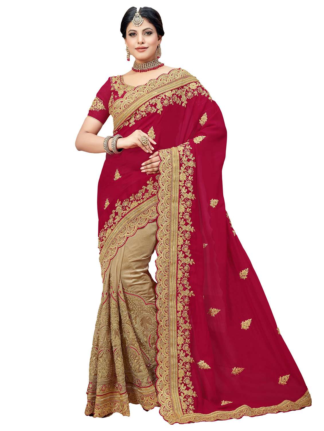 women solid with work half & half saree
