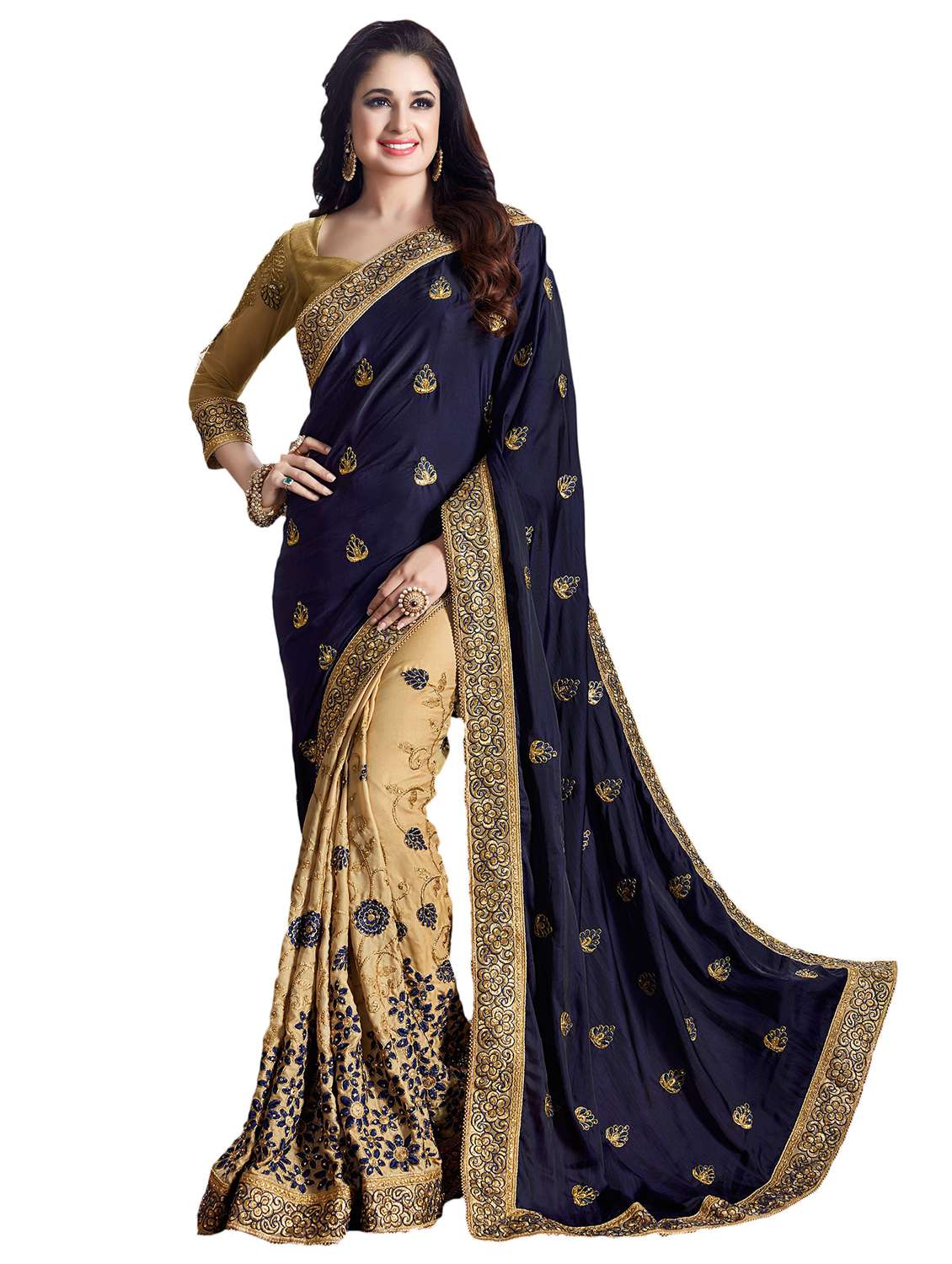 women solid with work half & half saree