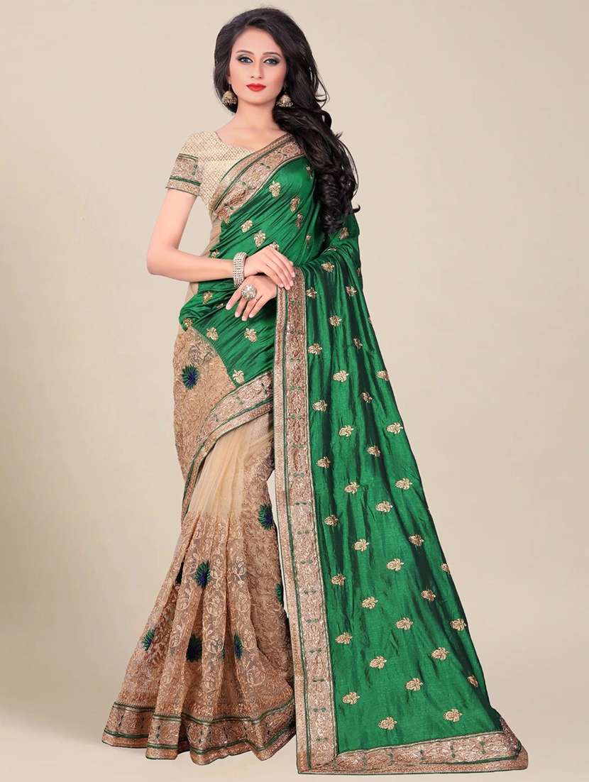 women solid with work half & half saree