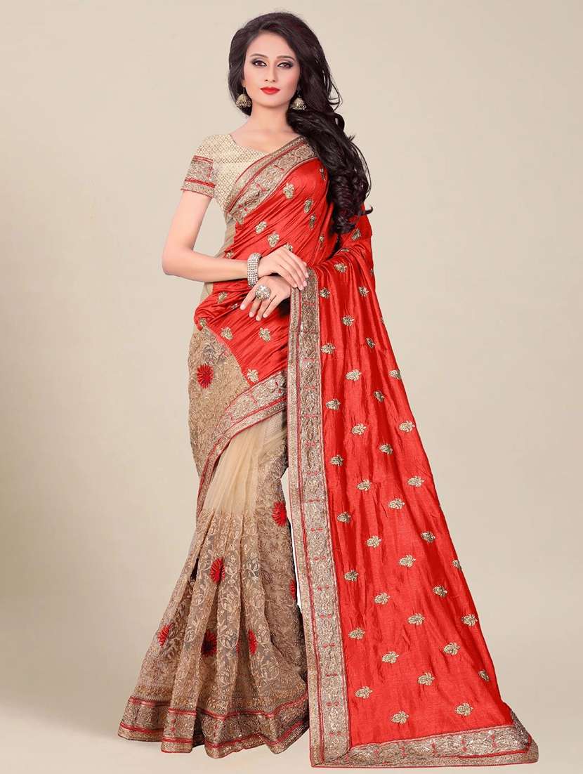 women solid with work half & half saree