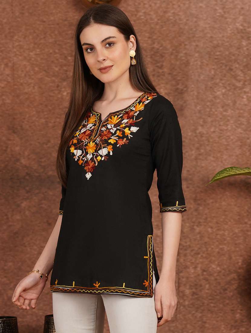 Women Black Cotton A-line Kurta - 22444989 -  Standard Image - 3