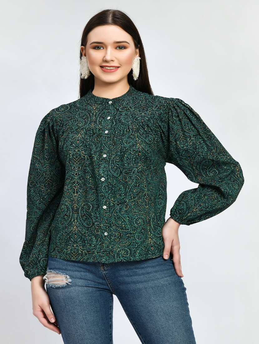 women printed bishop sleeve shirt style top