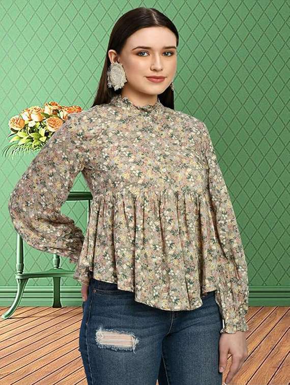 women printed long sleeves peplum top