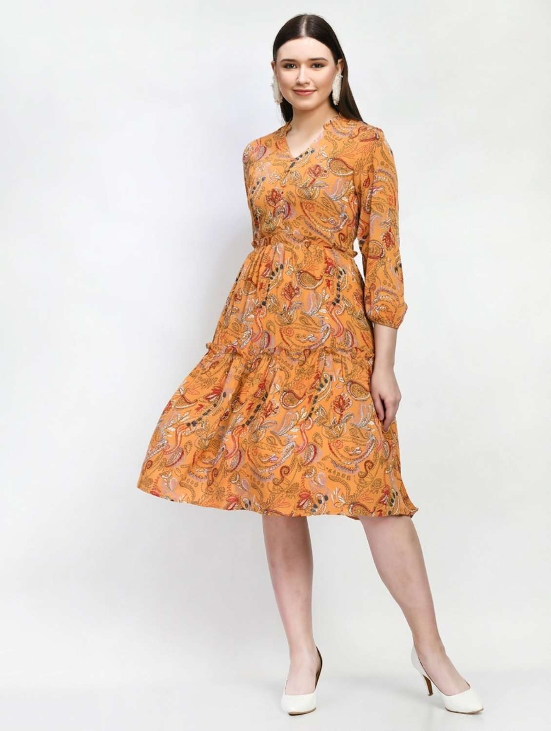 women printed knee length tiered dress