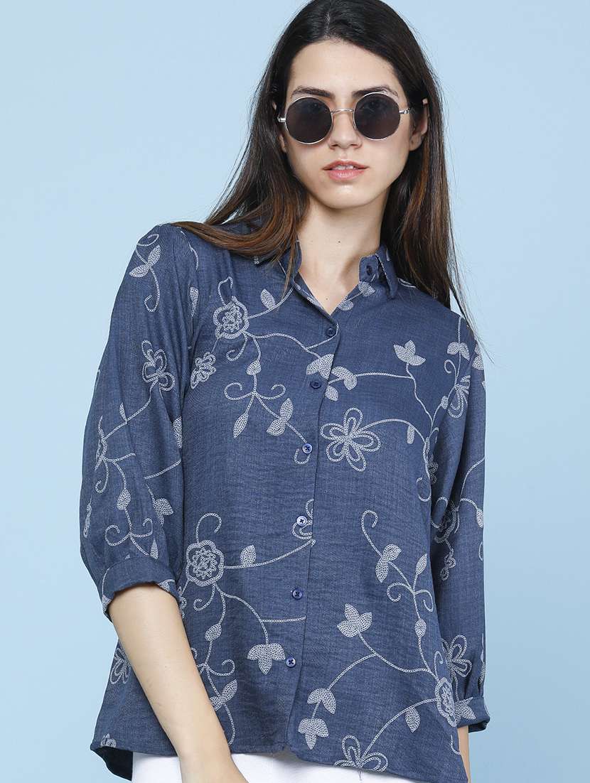 women embroidered three quarter sleeves shirt style top
